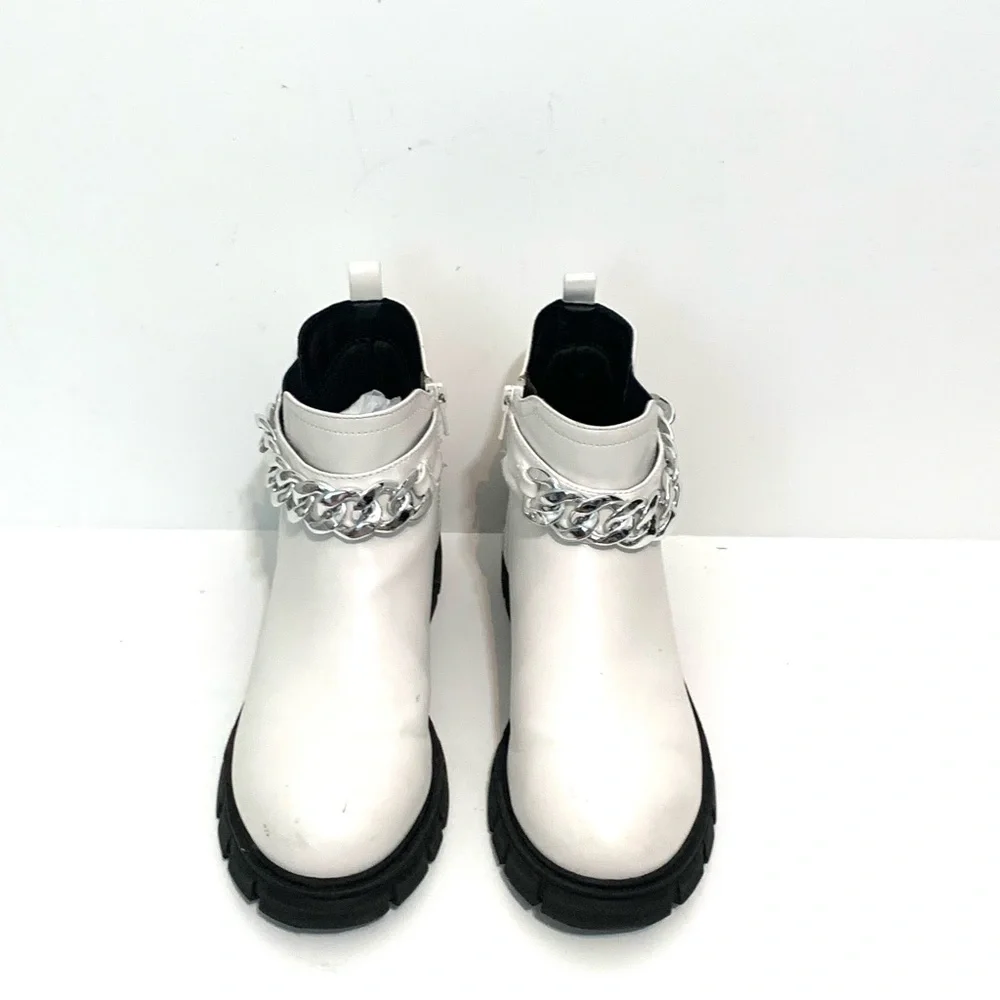 Wonder Nation Big Girls’ White Faux Leather Chain Combat Ankle Boots Size 6